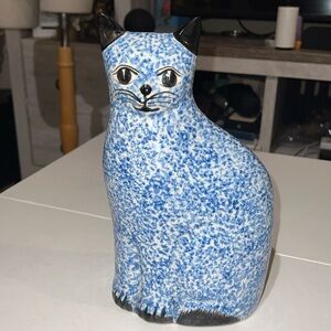 NS Gustin Hand Painted Blue Spongeware Ceramic Cat Figurine, Folk Art